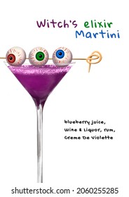 Halloween Cocktail Card, Scary Cocktail With Eyes, Green Liquid, Martini In A Glass, Eyeball, Blood, Horrible Drink