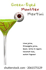 Halloween Cocktail Card, Scary Cocktail With Eyes, Green Liquid, Martini In A Glass, Eyeball, Blood, Horrible Drink