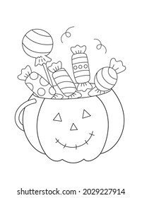 halloween coloring page  big smiling pumpkin basket full candies   sweets  black   white outline illustration  large shape drawings suitable for kids   adults