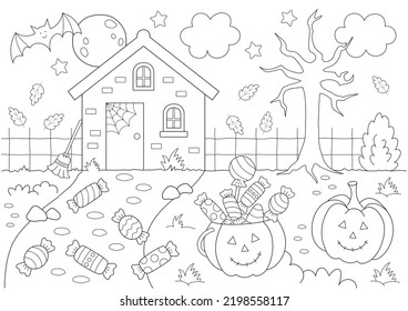 halloween coloring page for kids  cute black   white design and pumpkins  candy  house   more fun shapes to color  you can print it standard a4 paper