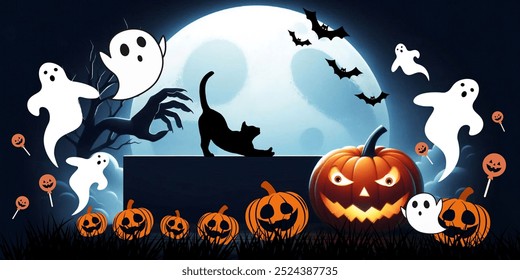 Halloween concept background for party invitation with scary pumpkin lights and cute ghosts for celebration on full moon night. Banners, Website, template, Poster, Promotion, illustration - Powered by Shutterstock