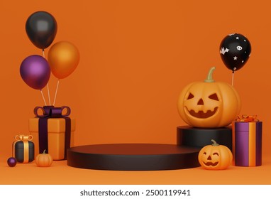 halloween concept orange background podium jack o lantern with party balloons and gifts - Powered by Shutterstock