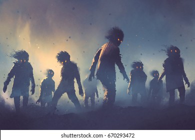  halloween concept of zombie crowd walking at night, digital art style, illustration painting