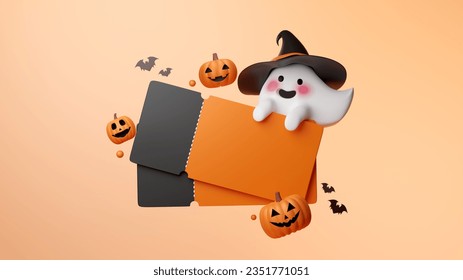 Halloween coupons with cute cartoon orange pumpkin and ghost with wizard hat. 3D rendering. - Powered by Shutterstock