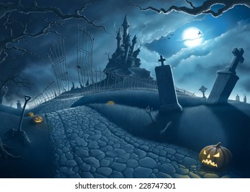 Halloween Creepy Night In The Cemetery Illustration