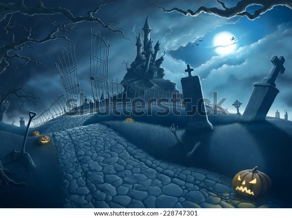 墓地のイラストのハロウィン不気味な夜 のイラスト素材