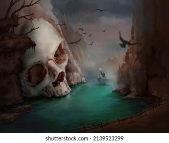 Halloween or death themed concepts, illustration painting of digital art style A boatman carries a torch in the sea of Skull Valley. 