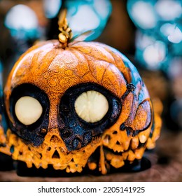 Halloween Decorations In A Magical World. Traditional Pumpkin Colors. 