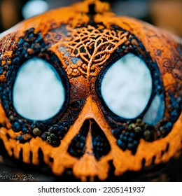 Halloween Decorations In A Magical World. Traditional Pumpkin Colors. 