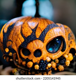 Halloween Decorations In A Magical World. Traditional Pumpkin Colors. 