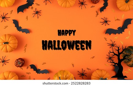 Halloween decorations on orange background. Halloween concept. Flat lay, top view, copy space. pumpkins and bats. for posters,banners. happy halloween .October. - Powered by Shutterstock