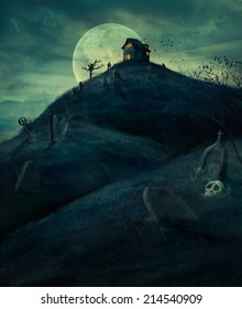 Halloween Design Background With Spooky Graveyard, Naked Trees, Graves And Haunted House. And Copyspace. Halloween Illustration