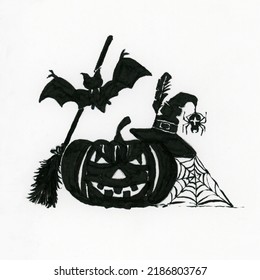 Halloween Drawing With Ink On Paper. A Pumpkin With A Witch Hat, A Cobweb And A  Spider. A Broom With A Bat Completes The Composition.