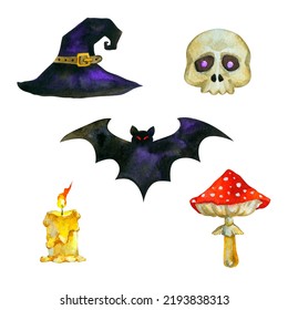 Halloween elements  Watercolor set darkness witchcraft items    hat  bat  mushroom  skull  candle  Hand drawn illustration white background  For creative design  postcard  scrapbooking  stickers 