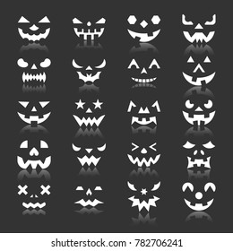 Halloween Face Icon Set. Pumpkin White Silhouette With Reflection. Monochrome Flat Design Symbol Collection. Simple Graphic Pictogram Pack. Web, Baner, Card, Business Logo Concept. Illustration