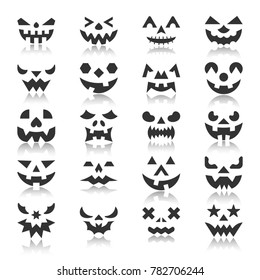 Halloween Face Icon Set. Pumpkin Black Silhouette With Reflection. Monochrome Flat Design Symbol Collection. Simple Graphic Pictogram Pack. Web, Baner, Card, Business Logo Concept. Illustration