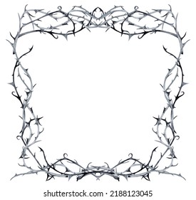 Halloween frame of black thorn branches. Watercolor hand painted isolated illustration on white background.