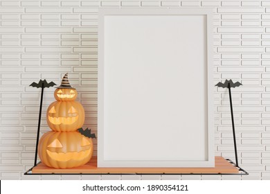 Halloween Frame Mockup Poster On The Wooden Wall Desk 3d Realistic Rendered Background