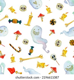 Halloween funny seamless pattern and ghost  skull  candle  mushroom  bone   candy white   Watercolor hand drawn cute design for wrapping paper  textile  wallpaper   other themed designs 