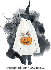 Halloween Ghost Clipart, Horror Fall Sublimation Clip Art, Spooky Scarecrow Printable Images, Watercolor Pumpkin Postcard