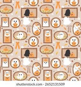 Halloween ghost pumpkin frames seamless pattern, Spooky fall portrait stamps digital paper