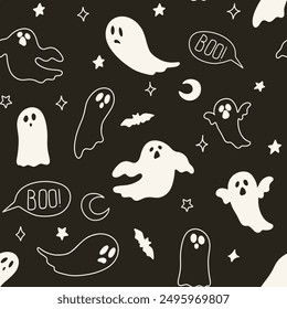 Halloween ghosts mystery cartoon line art seamless pattern, witch craft paper, ghost, boo. black background - Powered by Shutterstock