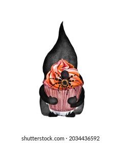 Halloween Gnome, Black Cupcake With Spider. Funny Watercolor Trick Or Treat Food, Creepy Scary Design