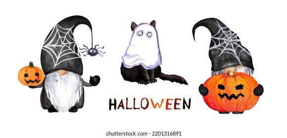 Halloween gnomes  funny cat in ghost costume  jack lantern from pumpkin set  Creepy watercolor trick treat collection cartoon character dwarves