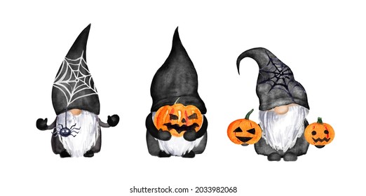 Halloween gnomes set in black colors with jack lantern from pumpkin, spider and web. Cute watercolor trick or treat collection