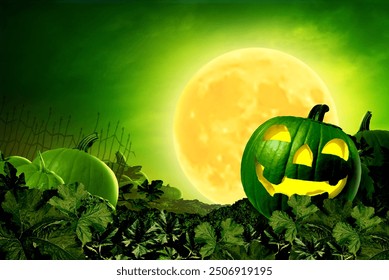 Halloween Green Background and night time Autumn party with a yellow moon glowing on a grungy old creepy pumpkin patch in a 3D illustration style. - Powered by Shutterstock