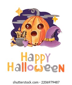 Halloween greeting card  Illustration and pumpkin  witch hat   cauldron  Hand  drawn  Marker Art