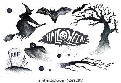 Halloween Hand Drawing Black White Graphic Set Icon, Drawn Halloween Symbols Pumpkin, Broom, Bat, Witches. Horror  Pumpkins, Ghosts, Witches, Bats, Bones, Stars.Happy Halloween Day Silhouette.