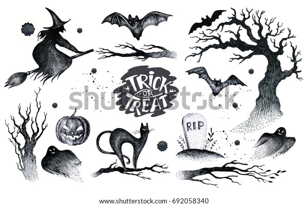 Halloween Hand Zeichnen Schwarz Weiss Grafik Set Symbol Stockillustration