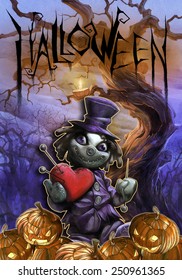 Halloween hand drawn illustration and funny doll holding plush red heart   pins the background and crooked tree