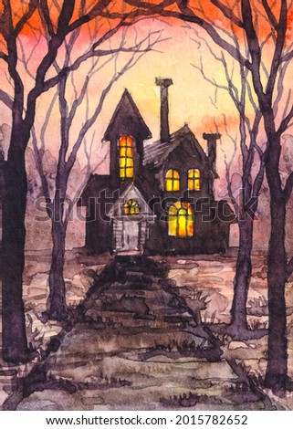 Halloween Haunted House. Autumn season. Watercolor painting. Acrylic drawing art. A piece of art. 