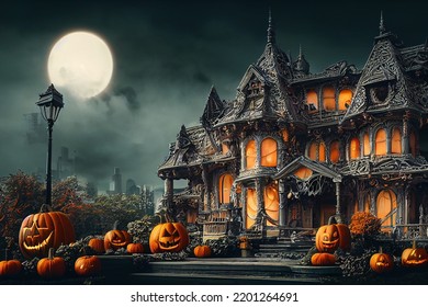 Halloween Haunted House. Pumpkins, candles, gloomy atmosphere. 3D render. - Powered by Shutterstock