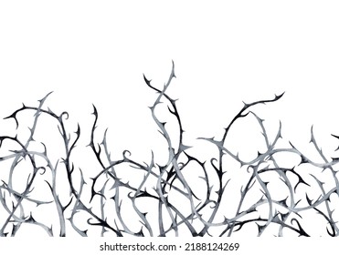 Halloween horizontal seamless border of black thorn branches. Watercolor hand painted isolated illustration on white background.