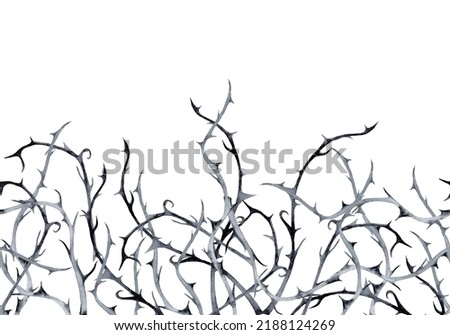 Halloween horizontal seamless border of black thorn branches. Watercolor hand painted isolated illustration on white background. 商業照片 © 