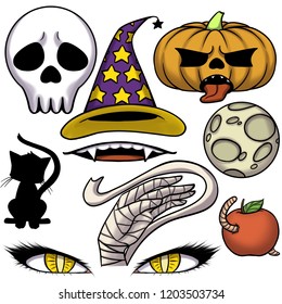 Halloween Icon Set. Skull, Hat, Pumpkin, Snake, Black Cat, Red Eyes, Apple, Worm. Set For A Holiday. Illustration.