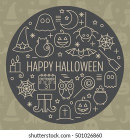 Halloween icons set in circle shape. Design concept for festive banner, greeting and invitation card, flyer, tag, label, poster, postcard, advertisement.