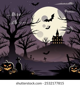 Halloween illustration: castle, moon, bats, trees, pumpkins, graveyard - Powered by Shutterstock