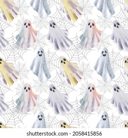 Halloween illustration  Funny Halloween ghosts watercolour seamless pattern  Hand drawn style  Cute little ghosts and spider web white background 