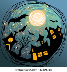 Halloween illustration with houses, bats and moon