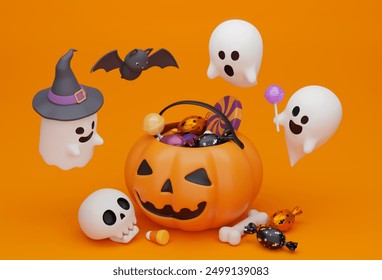 halloween jack o lantern candy basket with ghost character 3D graphic - Powered by Shutterstock