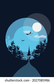 Halloween layout flat color abstract illustration: witch's castle on the background of the full moon, the enchanted forest, monochrome, moon path. Abstract idea