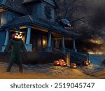 Halloween mansion with a big scarecrow and pumpkin lanterns and a huge spider on the roof at night. 3D illustration. Made from 3d resources and painted elements. No AI used.