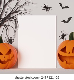 Halloween mock up 5 x 7 white portrait card with copy space. Jack o Lantern pumpkin decor against a white wall with bats, spiders and a tree branch as 3D Rendering - Powered by Shutterstock