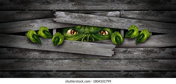 Halloween monster background and creepy horror beast or zombie breaking out of  a wood fence as a scary mutant alien creature or demon symbol in a 3D illustration style.