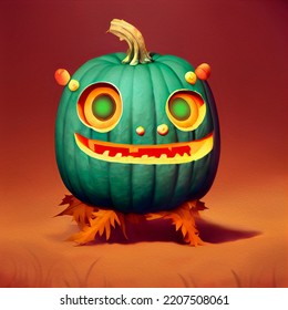 Halloween Monster, Creepy Scary Fairy Tale Monster, Horror Story, Pumpkin With Glowing Eyes, Ghost. 3d Rendering