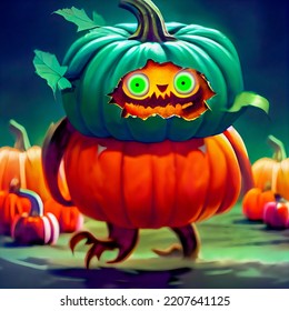 Halloween Monster, Creepy Scary Fairy Tale Monster, Horror Story, Pumpkin With Glowing Eyes, Ghost. 3d Rendering